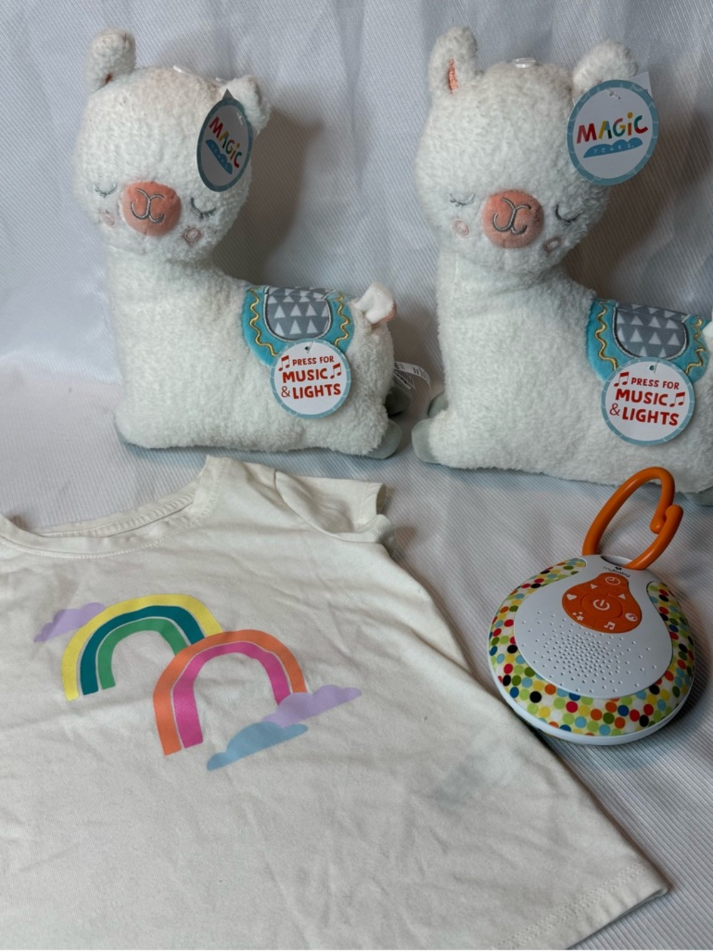Cat & Jack 2T rainbow shirt, 2 magic years llamas & Homedics Sound Spa On The Go